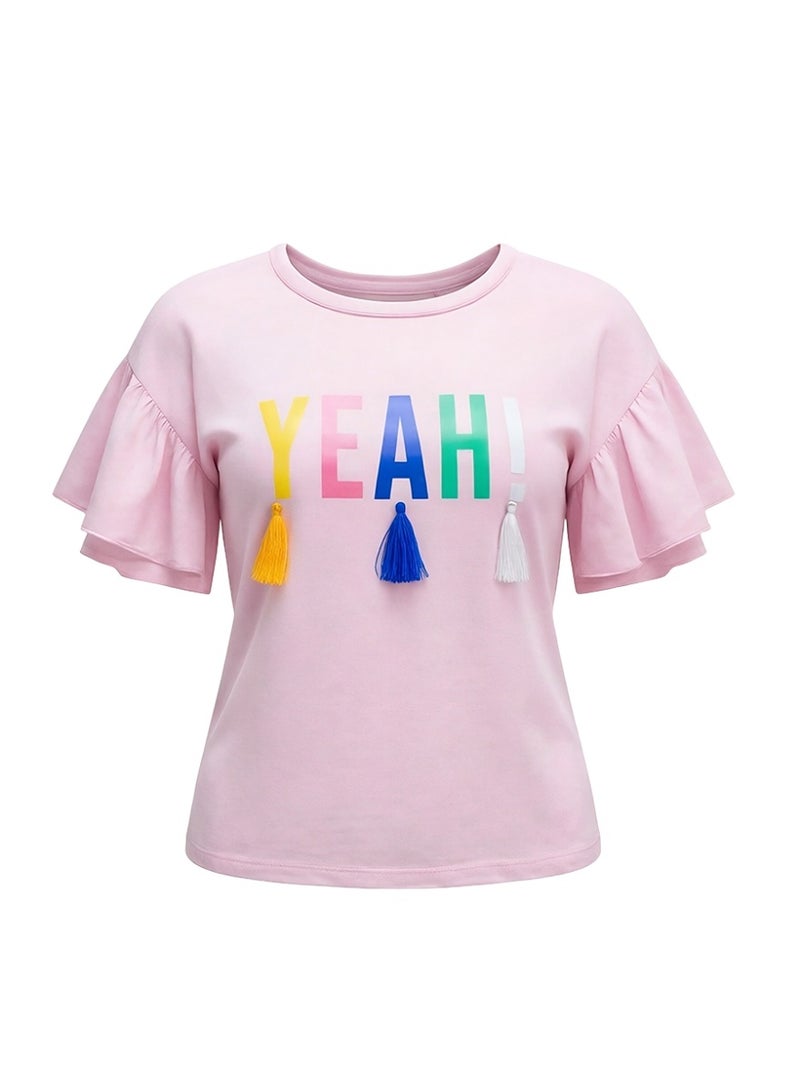 WiNi BEE Cute Pink Girls T-Shirt with “YEAH” Print & Tassel Trim, Short Sleeve Casual Top for Ages 8-10-12-14-16 Years - Image 5