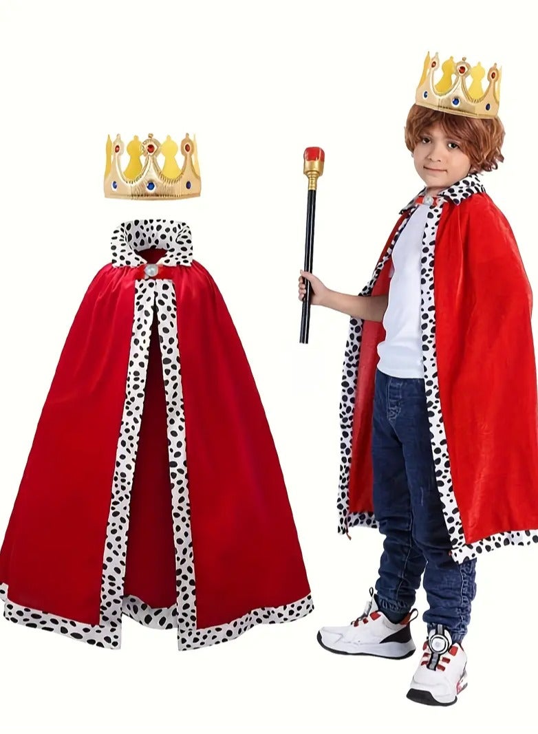 طقم زي الملك الملكي للأطفال، عباءة حمراء بحواف منقطة بدالماتيان، تاج ذهبي، للج ages 3-8، مجموعة ملابس تتكون من 3 قطع - Image 4