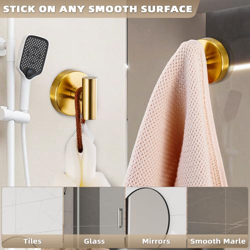 Fenas Suction Cup Hooks for Shower - Bathroom Reusable Hooks for Towels, Robes & Loofah - No-Drill Mounting on Kitchen,Walls,Metal,Glass,Mirrors,Tile & Smooth Non-Porous Surfaces (2, Brushed Gold) - Image 3
