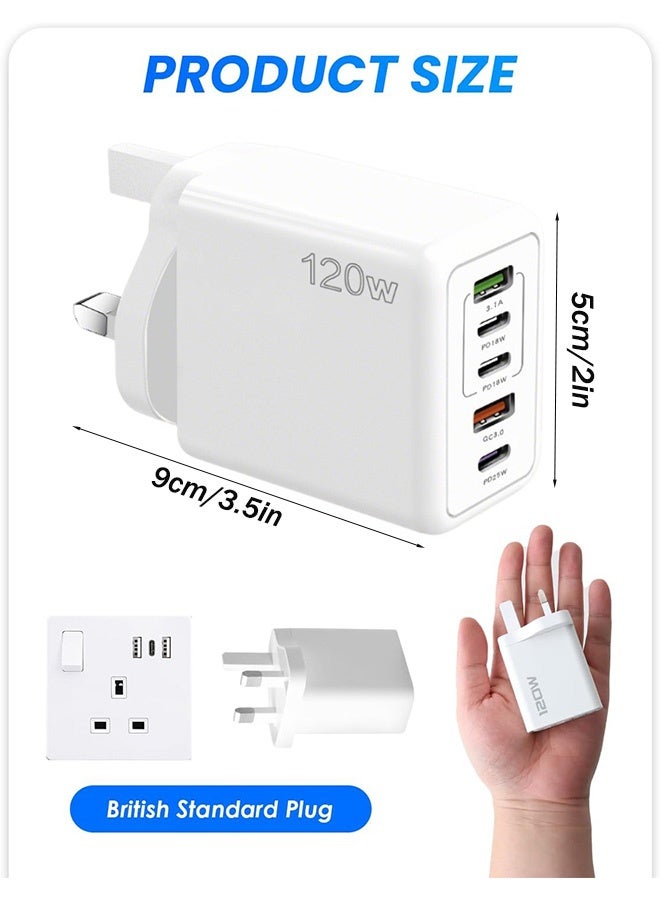 شاحن سريع 120 واط مع 5 منافذ 3PD + 2USB كتلة شاحن متعدد المنافذ لأجهزة متعددة 120 واط شاحن حائط سريع الشحن شاحن سفر 5 منافذ شاحن محمول سريع محول شاحن محمول سريع (أبيض ، المملكة المتحدة) - Image 2