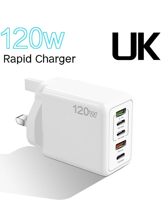 شاحن سريع 120 واط مع 5 منافذ 3PD + 2USB كتلة شاحن متعدد المنافذ لأجهزة متعددة 120 واط شاحن حائط سريع الشحن شاحن سفر 5 منافذ شاحن محمول سريع محول شاحن محمول سريع (أبيض ، المملكة المتحدة) - Image 1