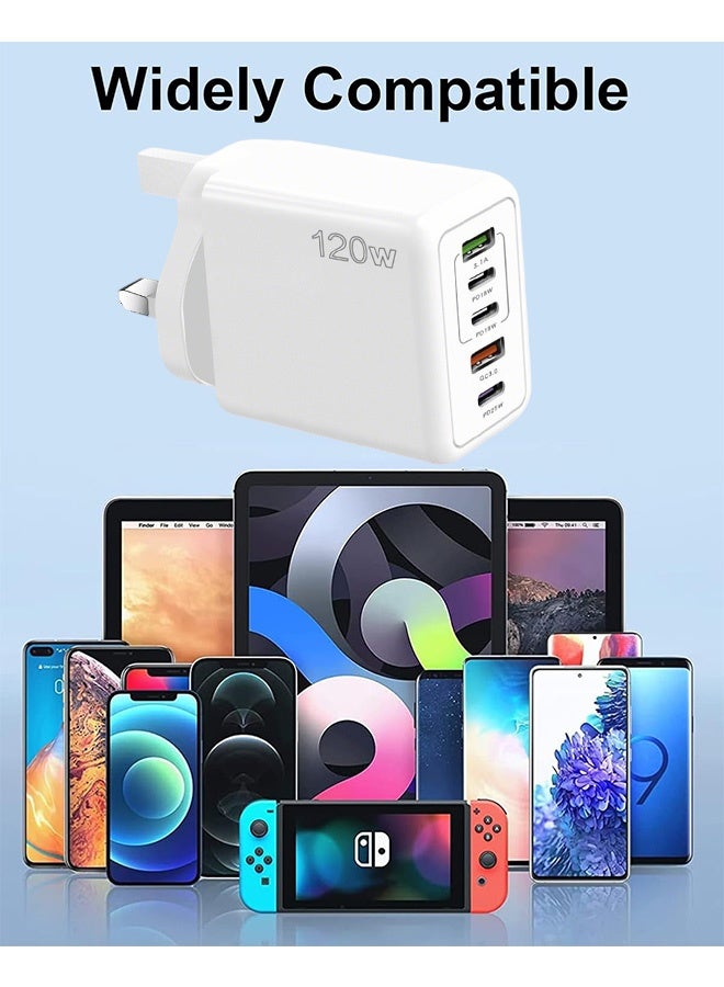 شاحن سريع 120 واط مع 5 منافذ 3PD + 2USB كتلة شاحن متعدد المنافذ لأجهزة متعددة 120 واط شاحن حائط سريع الشحن شاحن سفر 5 منافذ شاحن محمول سريع محول شاحن محمول سريع (أبيض ، المملكة المتحدة) - Image 5