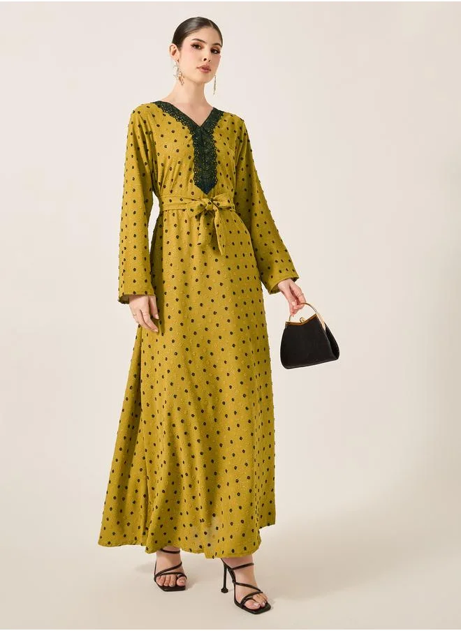 ستايلي Styli Dobby Lace Detail V-Neck Belted A-Line Jalabyia