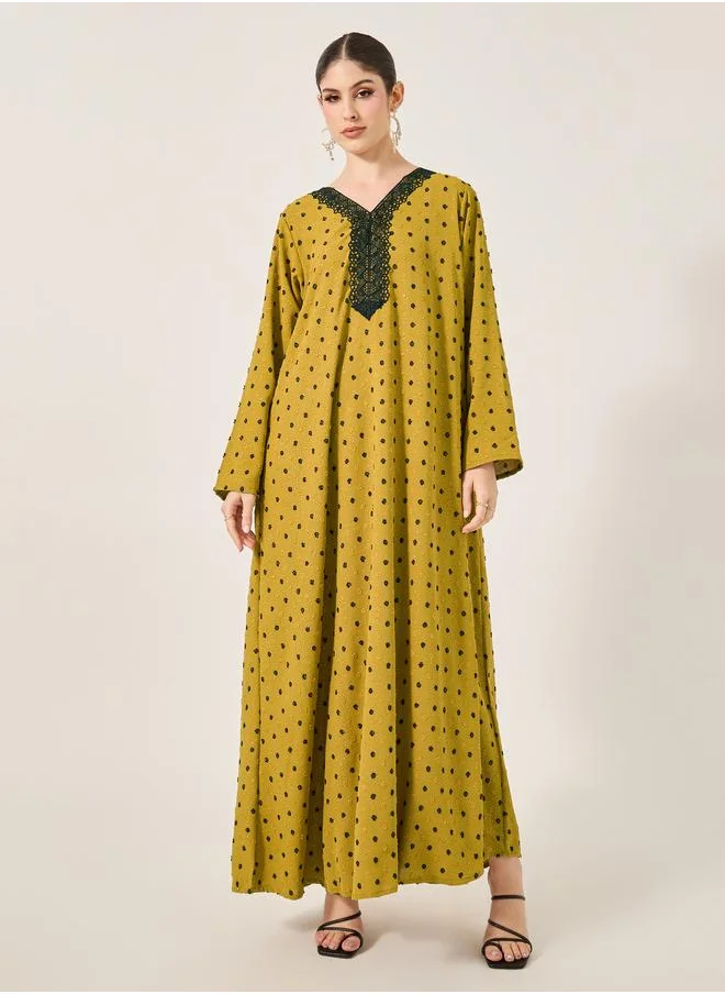 ستايلي Styli Dobby Lace Detail V-Neck Belted A-Line Jalabyia