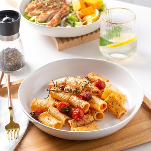 AmorArc 9.75'' Ceramic Large Pasta Bowls, 38oz Stoneware Flat Serving Bowls Set of 4, Oven,Microwave&Dishwasher Safe Bowls with Wavy Rim for Fruit Pasta Salad Meal, Matte White - Image 3