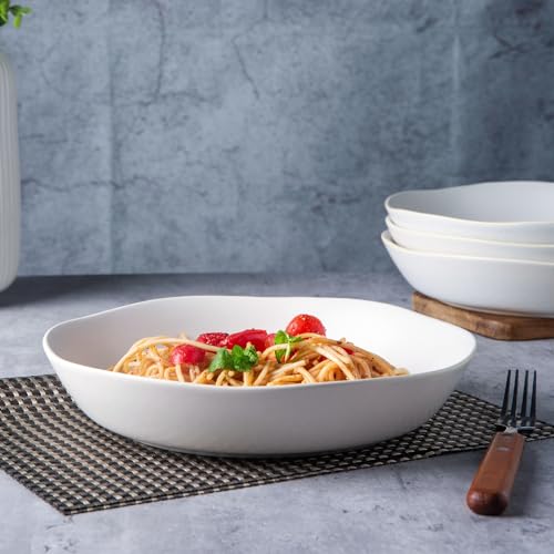 AmorArc 9.75'' Ceramic Large Pasta Bowls, 38oz Stoneware Flat Serving Bowls Set of 4, Oven,Microwave&Dishwasher Safe Bowls with Wavy Rim for Fruit Pasta Salad Meal, Matte White - Image 4