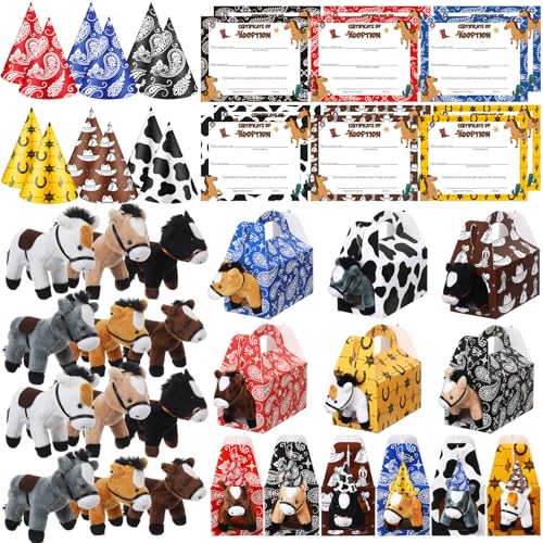 JellyArch 48 Pcs Adopt a Horse Party Favors Include 12 Mini Horse Stuffed Animals 12 Foldable Paper Boxes 12 Adoption Cards 12 Hats for Adopt a Pet Farm Western Party Favor SuppliesClassic - Image 1