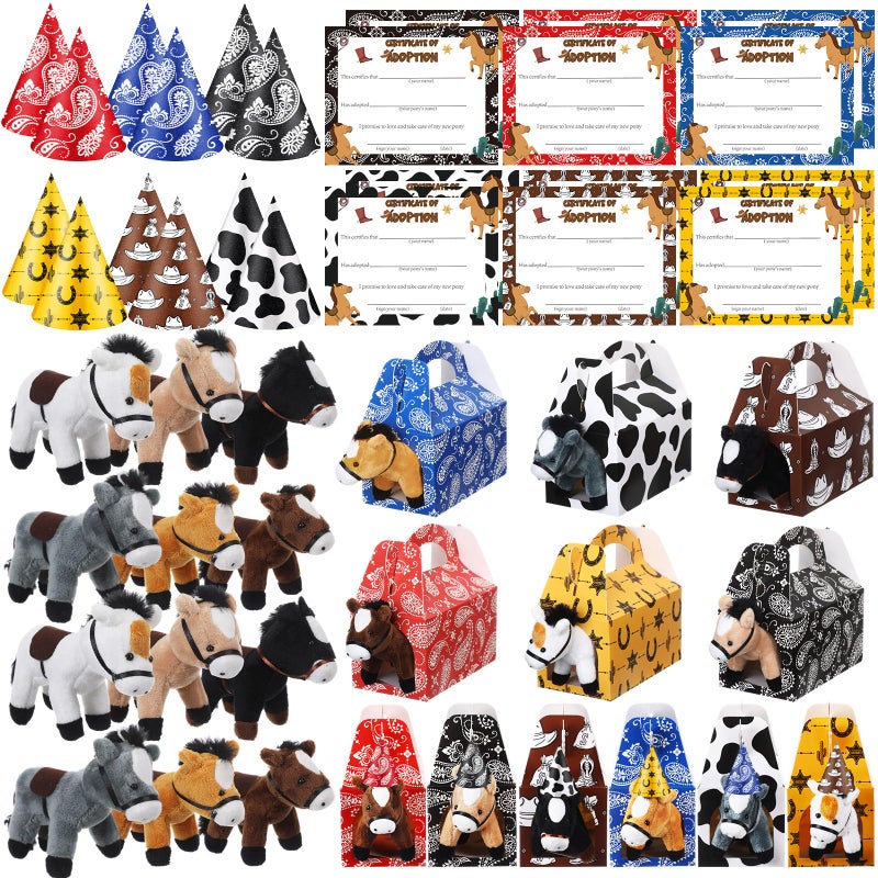 JellyArch 48 Pcs Adopt a Horse Party Favors Include 12 Mini Horse Stuffed Animals 12 Foldable Paper Boxes 12 Adoption Cards 12 Hats for Adopt a Pet Farm Western Party Favor SuppliesClassic - Image 3
