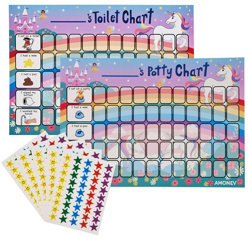 Amonev Unicorn Potty Training Reward Chart and Toilet Training Reward Chart for Boys and Girls Toddlers Twin Pack with 225 Star Stickers Included - Image 1