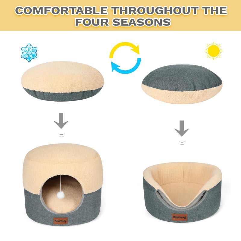 KISIMUY Cat Bed for Indoor Cats, 2-in-1 Convertible Cat Cave & Lounge Bed with Reversible Plush Cushion, Foldable Anti-Slip Cat House - Calming Cozy Hideaway for Kittens&Small Cats with Anxiety Relief, 15.7in - Image 5