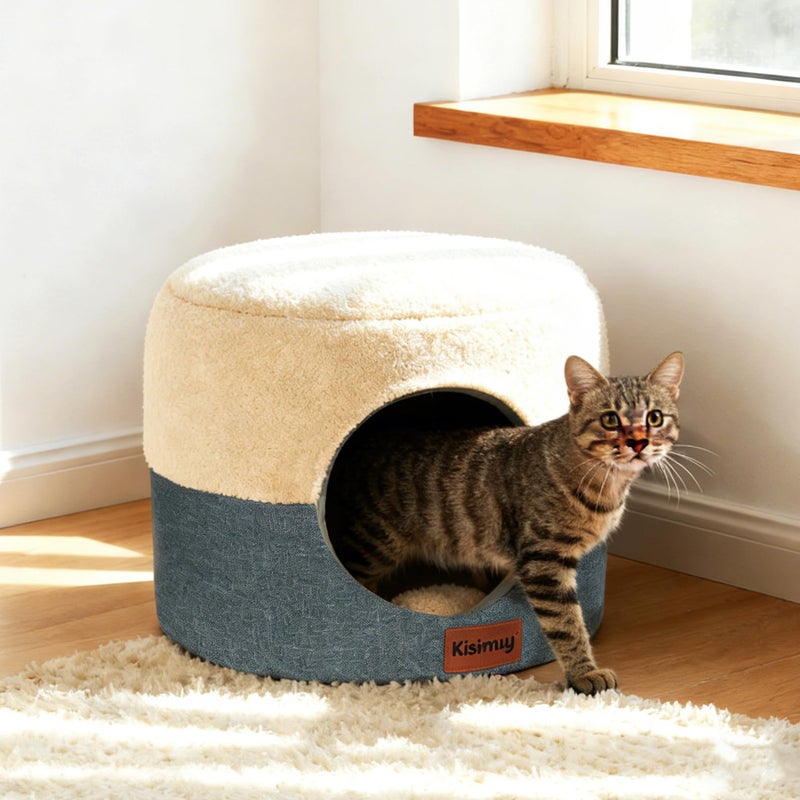 KISIMUY Cat Bed for Indoor Cats, 2-in-1 Convertible Cat Cave & Lounge Bed with Reversible Plush Cushion, Foldable Anti-Slip Cat House - Calming Cozy Hideaway for Kittens&Small Cats with Anxiety Relief, 15.7in - Image 1