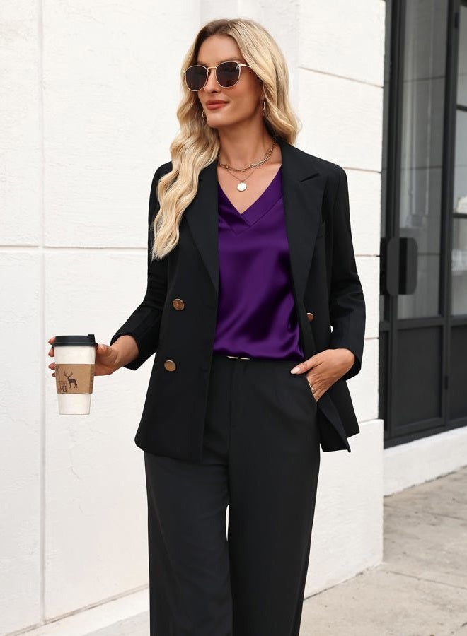 zeagoo Women's Silk Satin Tank Tops V Neck Casual Camisoles Sleeveless Business Work Blouses Dressy Summer Shirts, Purple, S - Image 4
