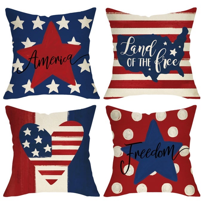 4TH OF JULY PATRIOTIC AMERICAN FLAG STARS AND STRIPES DECORATIVE THROW PILLOW COVER 20 X 20 SET OF 4 AMERICA LAND OF THE FREE PORCH OUTDOOR HOME DECOR FREEDOM USA POLKA DOTS CUSHION CASE