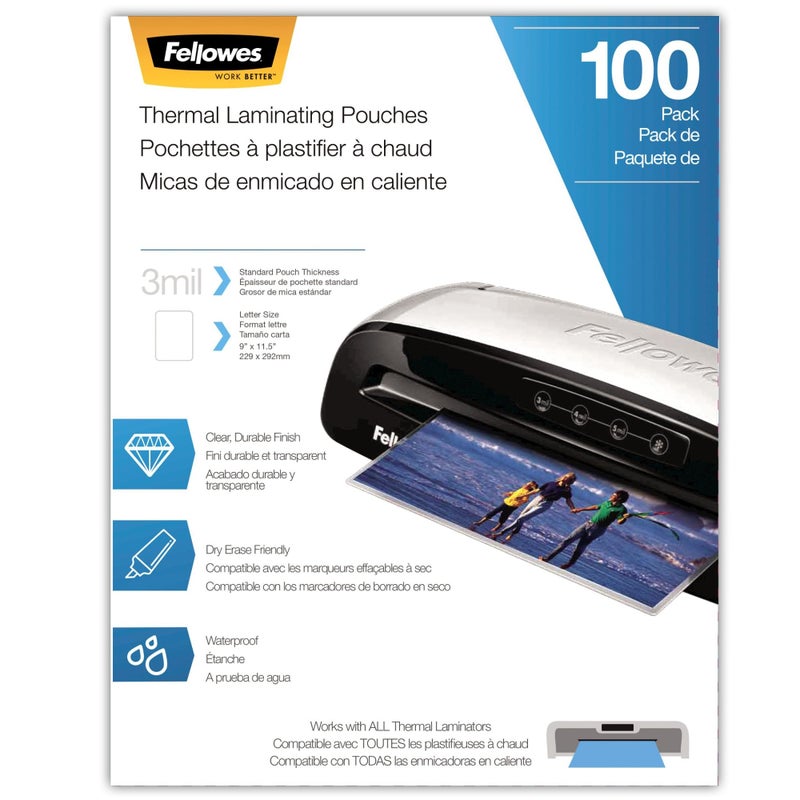 Fellowes Thermal Laminating PouchesSheets Letter Size 9 x 115Inches 3 mil 100 Pack 5743301