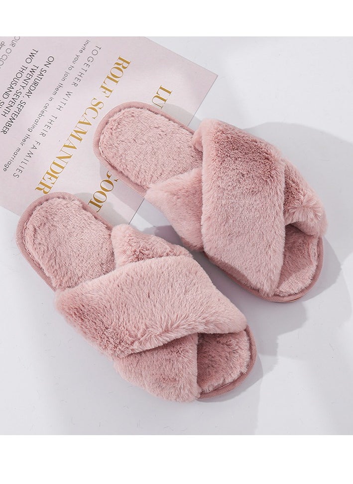 General Pink cross plush slippers autumn and winter new indoor warm cotton slippers thickened leaky toe wool slippers  - Image 1