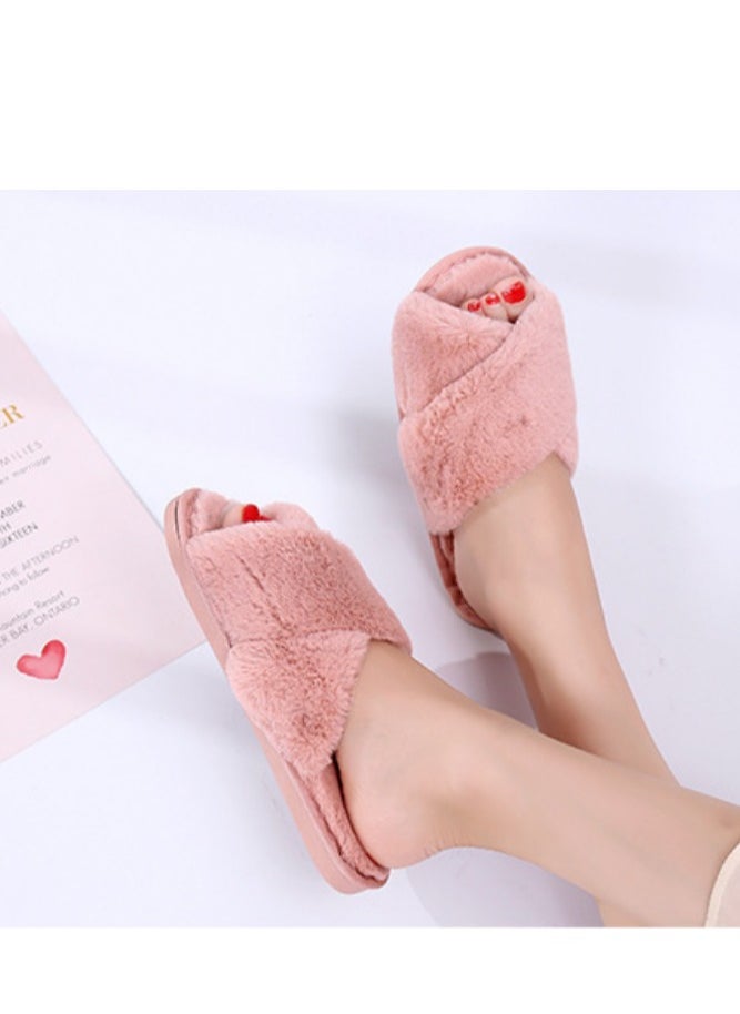 General Pink cross plush slippers autumn and winter new indoor warm cotton slippers thickened leaky toe wool slippers  - Image 4