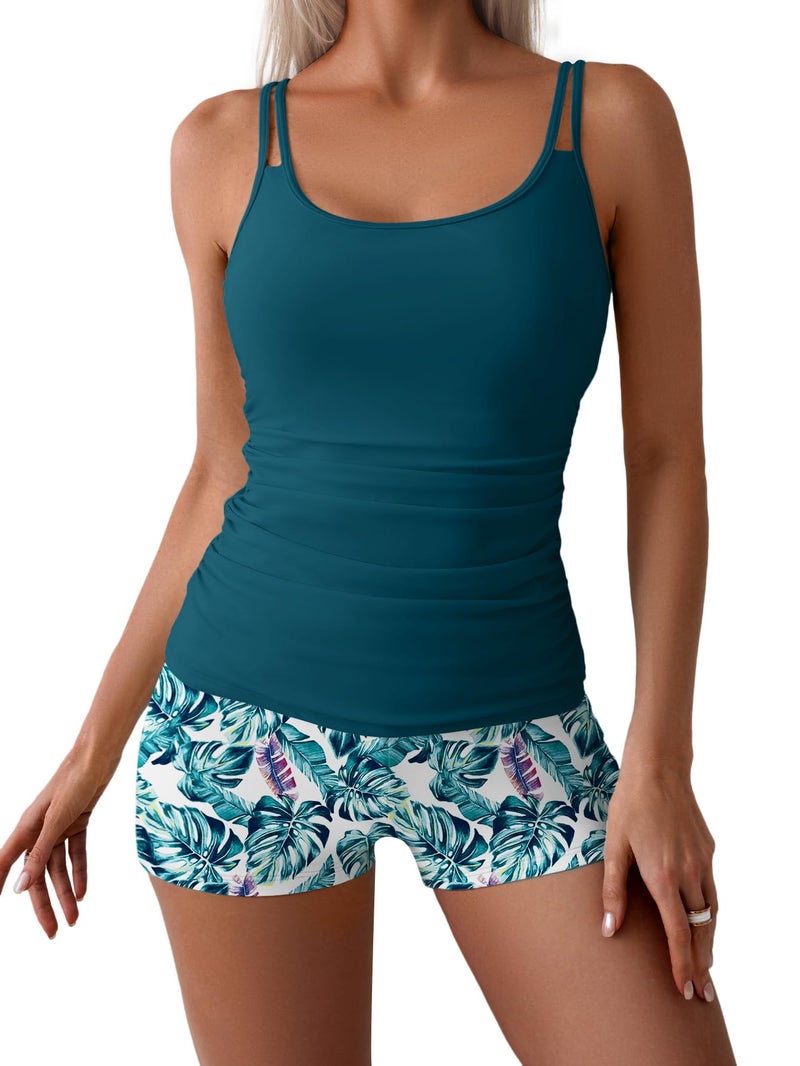 Eomenie Women's Swimsuit Tankini Set Modest Tummy Control Slimming Bathing Suits Two Piece Swim Suit with High Waisted Short Peacock Blue - Image 1