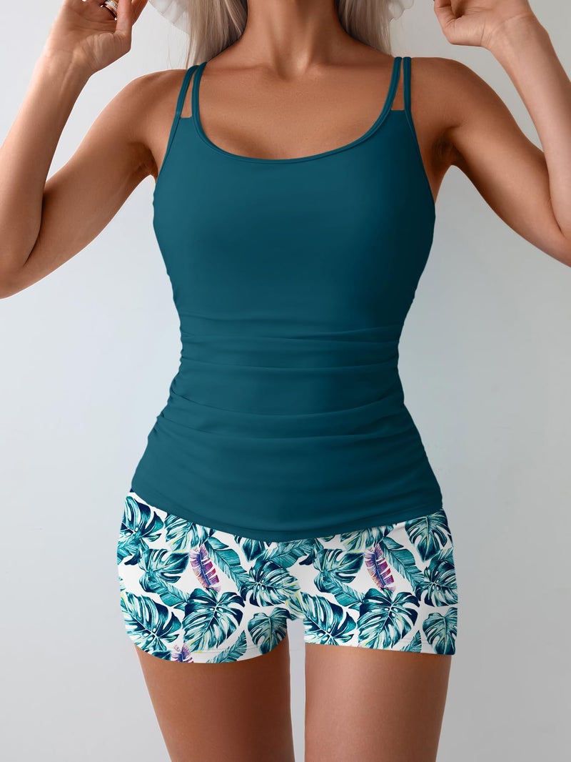 Eomenie Women's Swimsuit Tankini Set Modest Tummy Control Slimming Bathing Suits Two Piece Swim Suit with High Waisted Short Peacock Blue - Image 5
