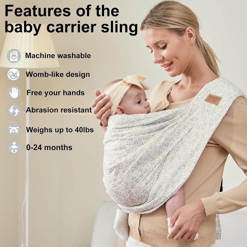 vrbabies Baby Sling Carrier Newborn Adjustable Easy Wearing Baby Nursing Warp Sling New Mom Dad Soft Cotton Baby Front Holder Carrier for Infant Toddler Life Travel Essential Gifts Yellow Flower - Image 2