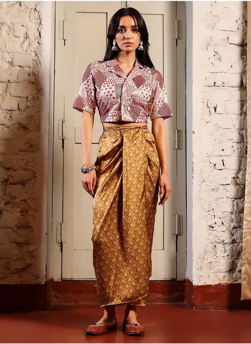 QISSA Women's Powder White & Camel Brown Bohemian Geometric Co-Ord Set