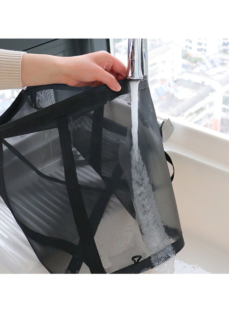 TYCOM Laundry Mesh Bag with Handles Collapsible Laundry Basket Hamper Foldable Laundry Bag Breathable Folding Beach Bag Space saving Travel Tote Bags Strip Black.  - Image 4