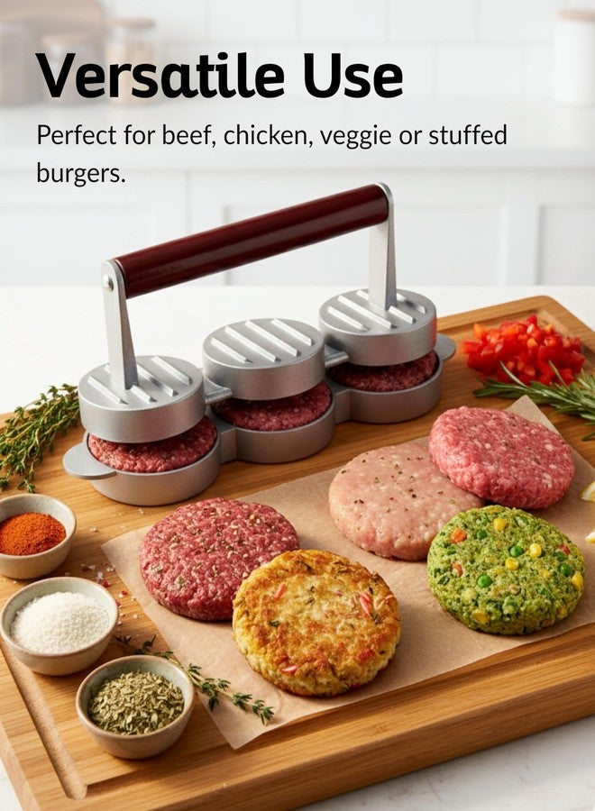 Boxiki Kitchen مكبس برجر صغير من بوكسيكي كيتشن، بثلاث فتحات، لصنع فطائر البرجر الصغيرة، مناسب للهامبرغر والبرجر النباتي والشواء. مكبس ألومنيوم صغير الحجم بمقبض خشبي، آمن للغسل في غسالة الأطباق، قالب ثلاثي الفطائر للحم البقري والديك الرومي. - Image 5