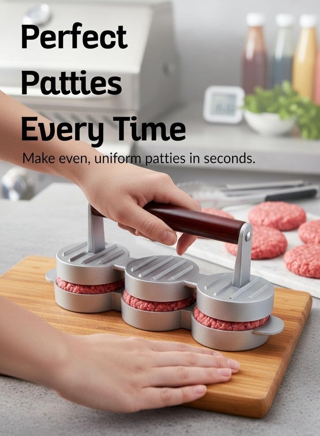 Boxiki Kitchen مكبس برجر صغير من بوكسيكي كيتشن، بثلاث فتحات، لصنع فطائر البرجر الصغيرة، مناسب للهامبرغر والبرجر النباتي والشواء. مكبس ألومنيوم صغير الحجم بمقبض خشبي، آمن للغسل في غسالة الأطباق، قالب ثلاثي الفطائر للحم البقري والديك الرومي. - Image 2