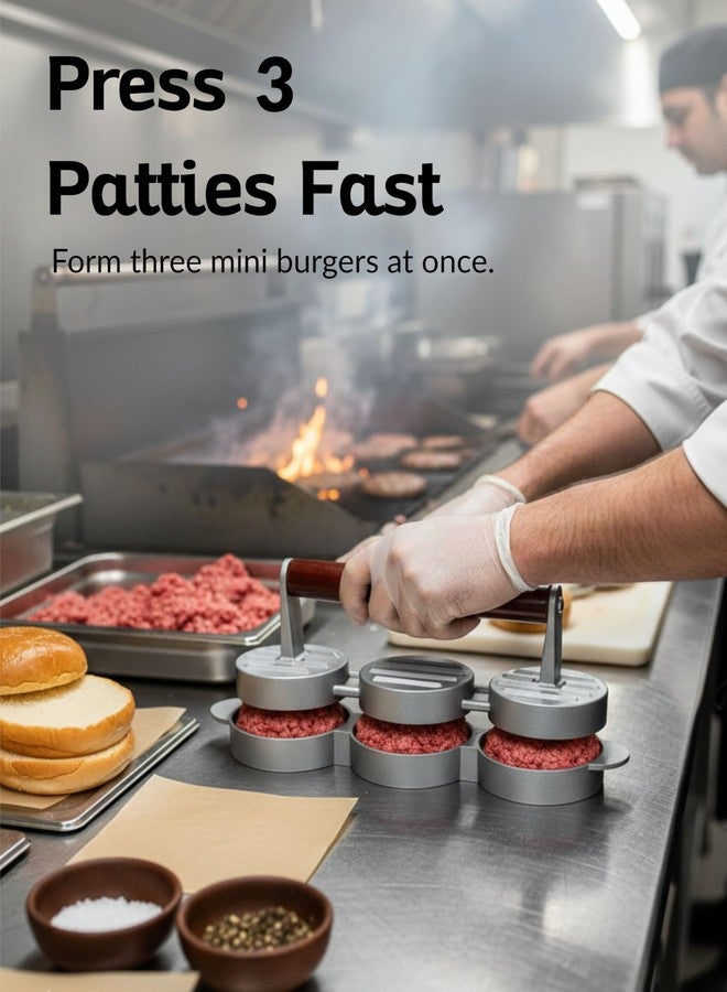 Boxiki Kitchen مكبس برجر صغير من بوكسيكي كيتشن، بثلاث فتحات، لصنع فطائر البرجر الصغيرة، مناسب للهامبرغر والبرجر النباتي والشواء. مكبس ألومنيوم صغير الحجم بمقبض خشبي، آمن للغسل في غسالة الأطباق، قالب ثلاثي الفطائر للحم البقري والديك الرومي. - Image 4