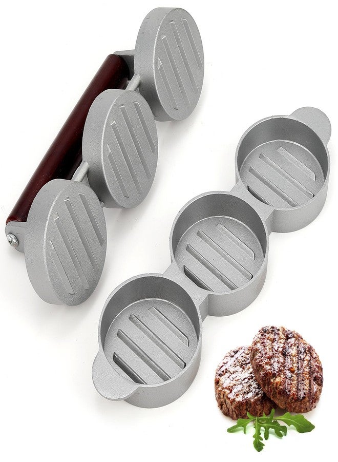 Boxiki Kitchen مكبس برجر صغير من بوكسيكي كيتشن، بثلاث فتحات، لصنع فطائر البرجر الصغيرة، مناسب للهامبرغر والبرجر النباتي والشواء. مكبس ألومنيوم صغير الحجم بمقبض خشبي، آمن للغسل في غسالة الأطباق، قالب ثلاثي الفطائر للحم البقري والديك الرومي. - Image 1