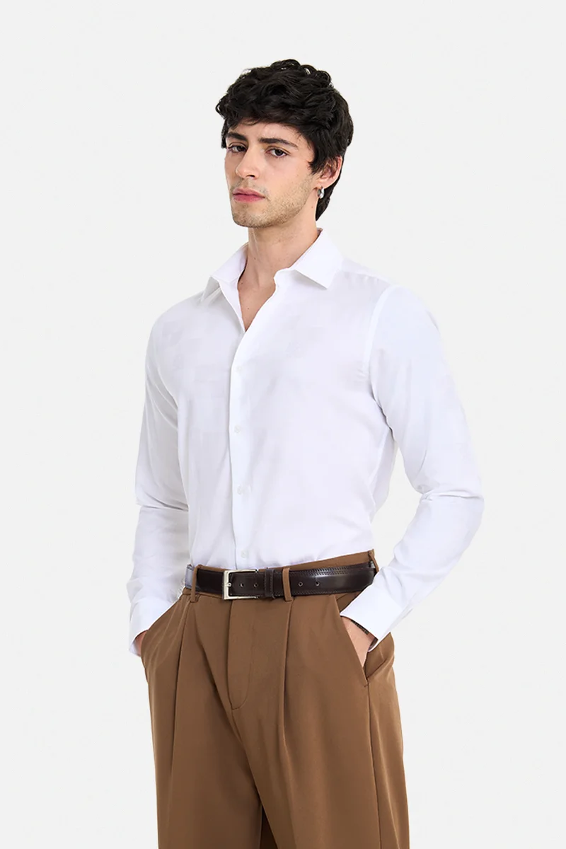 سنيتش White Geometric Long Sleeve Slim Fit Formal Shirt
