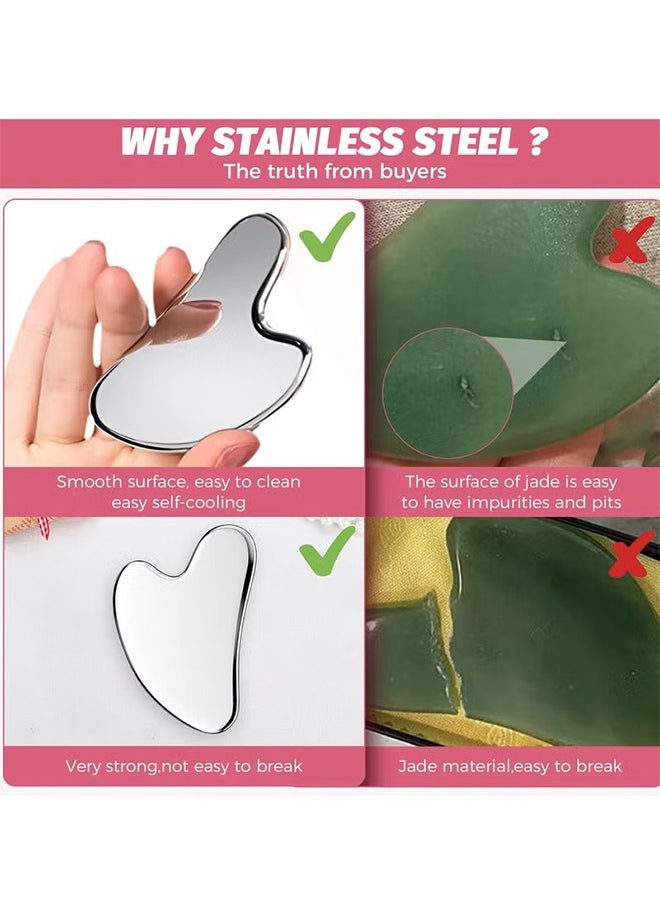 اتش واي أداة Gua Sha للوجه ، ستانلس ستيل GuaSha Face Lift تدليك الجمال المعدني للعناية بالبشرة مجلس كشط العناية بالبشرة الذاتية التصريف اللمفاوي مدلك رفع مكافحة الشيخوخة والتجاعيد أدوات تمرين خط الفك  - Image 4