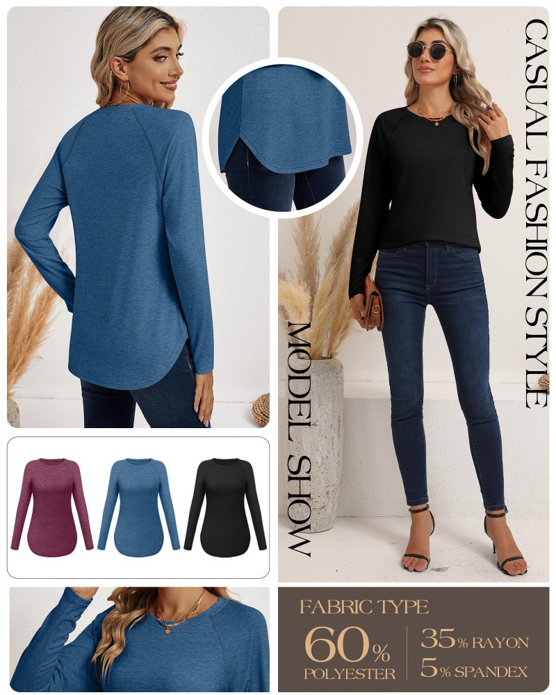 Ficerd 3 Pack Women's Long Sleeve T-Shirts Crew Neck Raglan Sleeve Casual Loose Fit Shirts Side Split Curved Hem Tunic Tops(Black, Blue, Burgundy,L) - Image 4