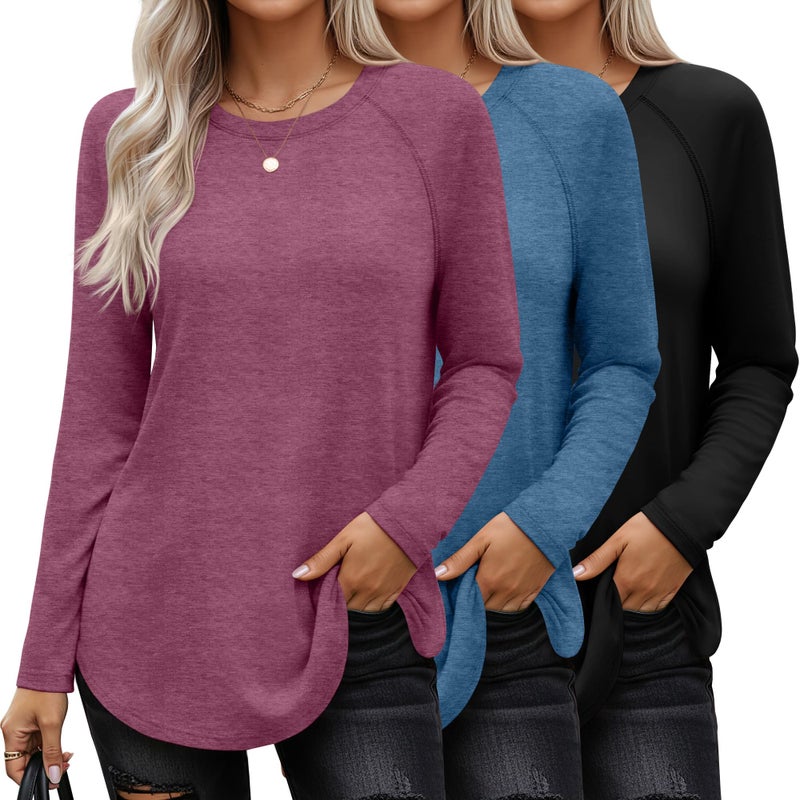 Ficerd 3 Pack Women's Long Sleeve T-Shirts Crew Neck Raglan Sleeve Casual Loose Fit Shirts Side Split Curved Hem Tunic Tops(Black, Blue, Burgundy,L) - Image 1