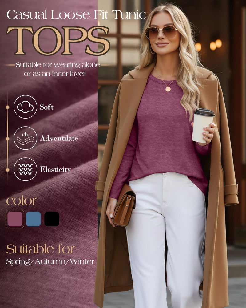 Ficerd 3 Pack Women's Long Sleeve T-Shirts Crew Neck Raglan Sleeve Casual Loose Fit Shirts Side Split Curved Hem Tunic Tops(Black, Blue, Burgundy,L) - Image 2