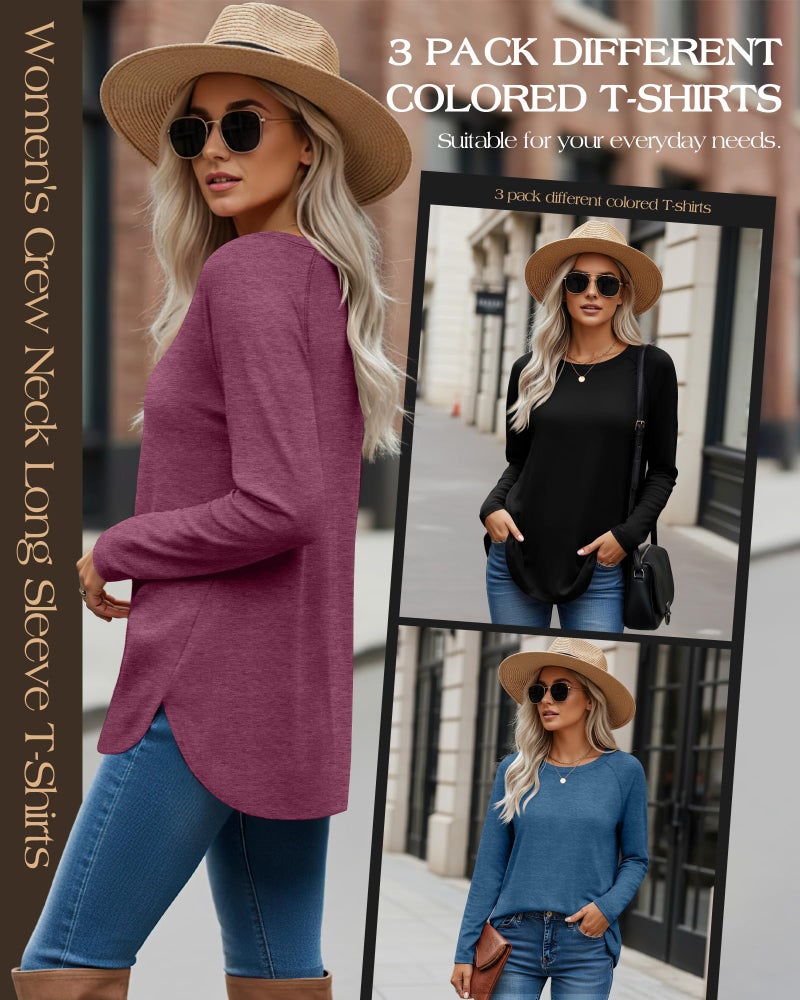 Ficerd 3 Pack Women's Long Sleeve T-Shirts Crew Neck Raglan Sleeve Casual Loose Fit Shirts Side Split Curved Hem Tunic Tops(Black, Blue, Burgundy,L) - Image 3