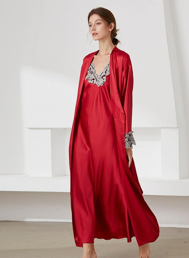 Loquat Women's Lace Stitching Imitation Silk 2-Piece Set Nightgown Sleepwear Slip Dress And Night-Robe Soft Loungewear Pajamas Suit Red  - Image 2