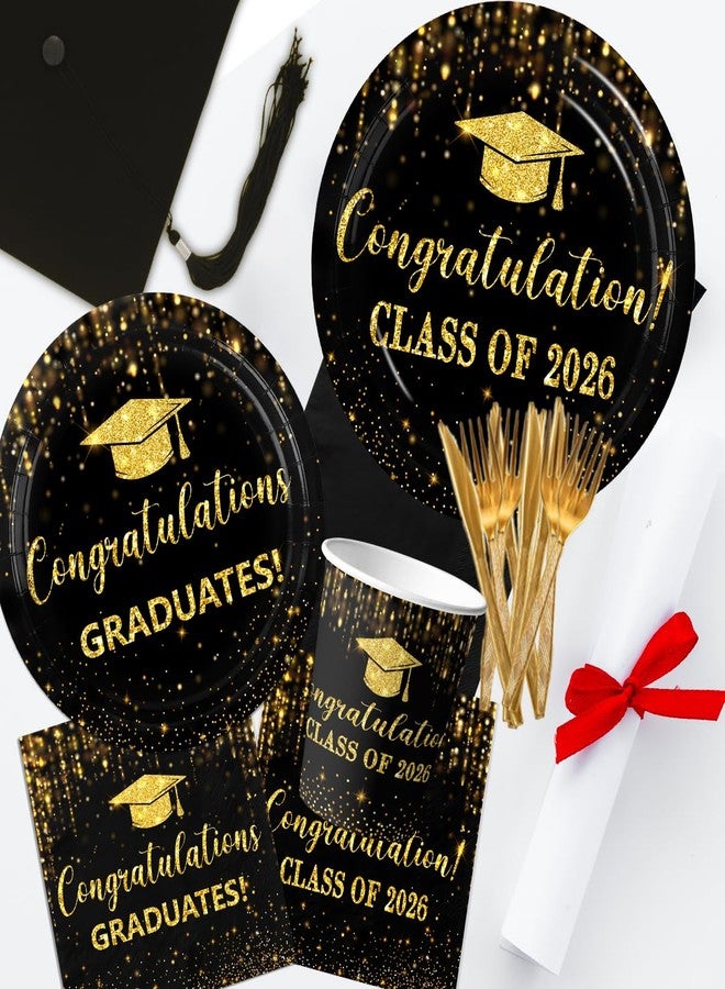 Dydamud Graduation Decorations 2026 Black and Gold Graduation Party Plates and Napkins Class Of 2026 Disposable Dinnerware for College High School Congrats Grad Party Decorations, Serve 25 - Image 3
