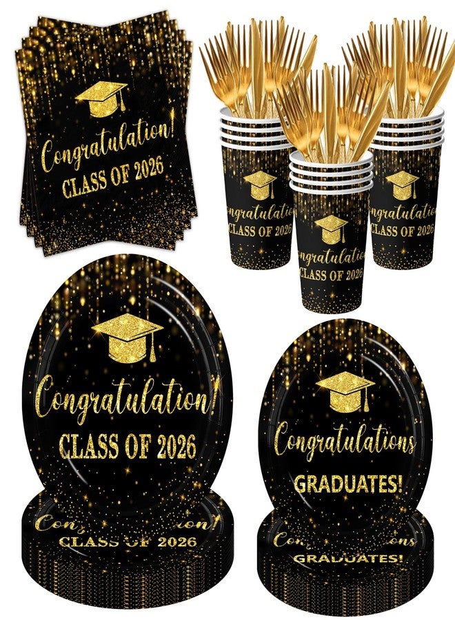Dydamud Graduation Decorations 2026 Black and Gold Graduation Party Plates and Napkins Class Of 2026 Disposable Dinnerware for College High School Congrats Grad Party Decorations, Serve 25 - Image 1