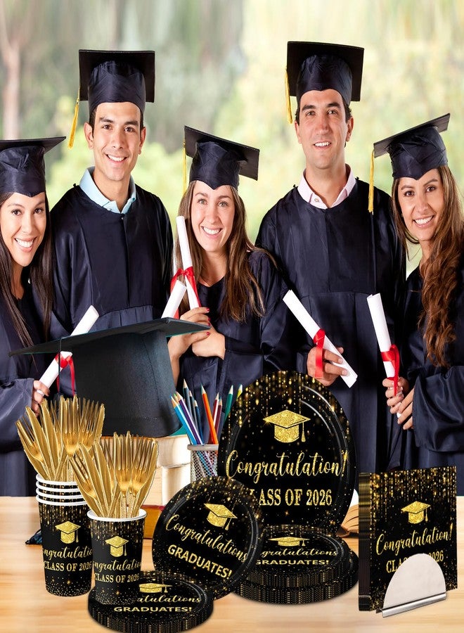 Dydamud Graduation Decorations 2026 Black and Gold Graduation Party Plates and Napkins Class Of 2026 Disposable Dinnerware for College High School Congrats Grad Party Decorations, Serve 25 - Image 2