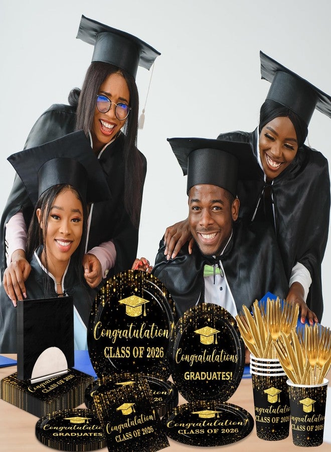 Dydamud Graduation Decorations 2026 Black and Gold Graduation Party Plates and Napkins Class Of 2026 Disposable Dinnerware for College High School Congrats Grad Party Decorations, Serve 25 - Image 4