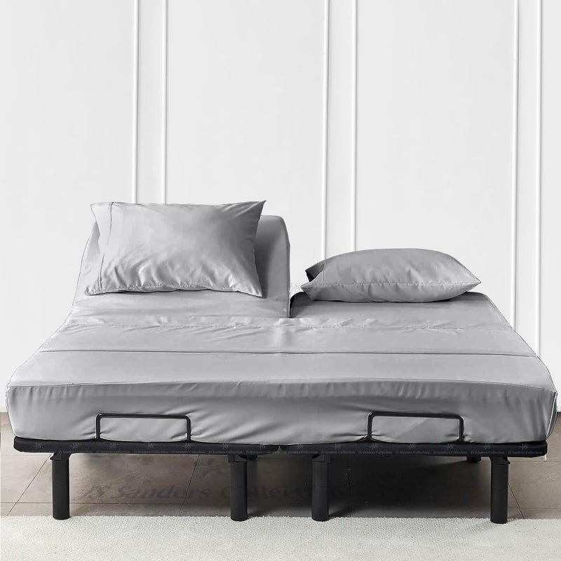 JS Sanders Collection Split Head Flex Cal King Sheet Set  100 Cotton Bed Sheets for Adjustable Beds  Flex Top Cal King Sheets for Sleep Number Beds 18 Deep 34 Split Top 4 Piece Set Half Split Fitted Silver 