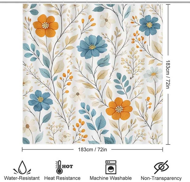 Floral Pattern with Orange and Blue Flowers-3Shower Curtain for Bathroom Waterproof Tan Shower Curtain with Hooks 71 inch x 71 inch - Image 3