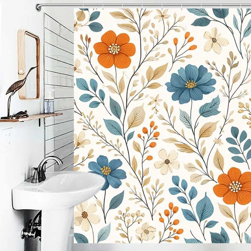 Floral Pattern with Orange and Blue Flowers-3Shower Curtain for Bathroom Waterproof Tan Shower Curtain with Hooks 71 inch x 71 inch - Image 4