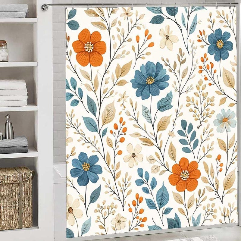 Floral Pattern with Orange and Blue Flowers-3Shower Curtain for Bathroom Waterproof Tan Shower Curtain with Hooks 71 inch x 71 inch - Image 2