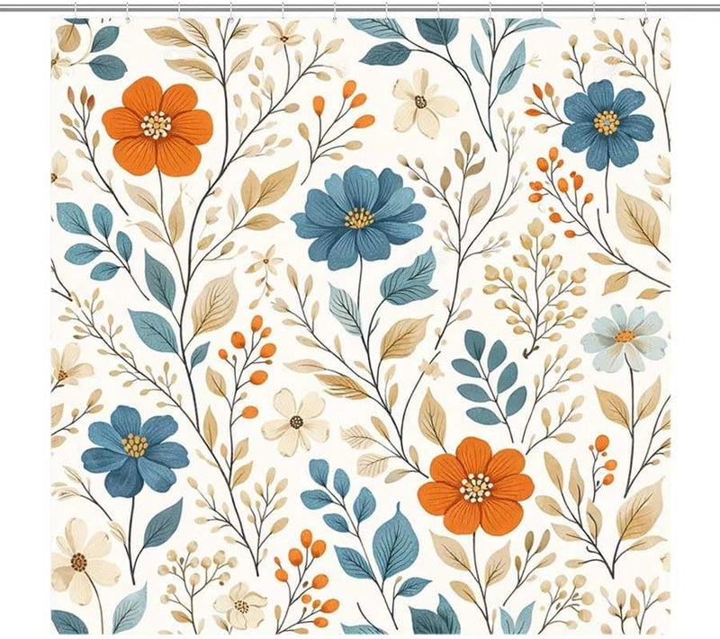 Floral Pattern with Orange and Blue Flowers-3Shower Curtain for Bathroom Waterproof Tan Shower Curtain with Hooks 71 inch x 71 inch - Image 1