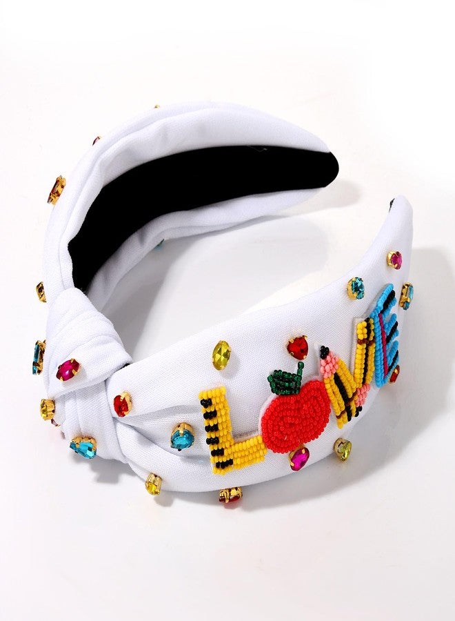 boderier Teacher Headband Pencil Ruler Love Headband Crystal Jeweled Knotted Headbands Teacher Appreciation Gifts for Women LOVE White - Image 3