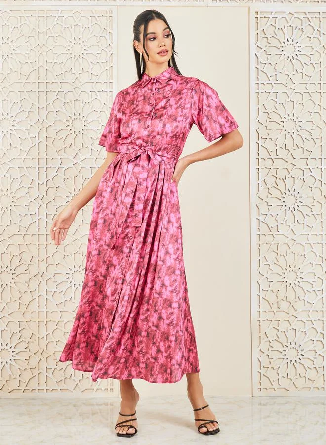 Styli All Over Print Collared Maxi Dress with Self Tie Up