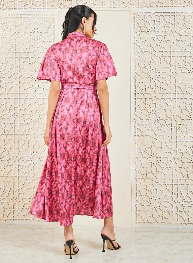 Styli All Over Print Collared Maxi Dress with Self Tie Up