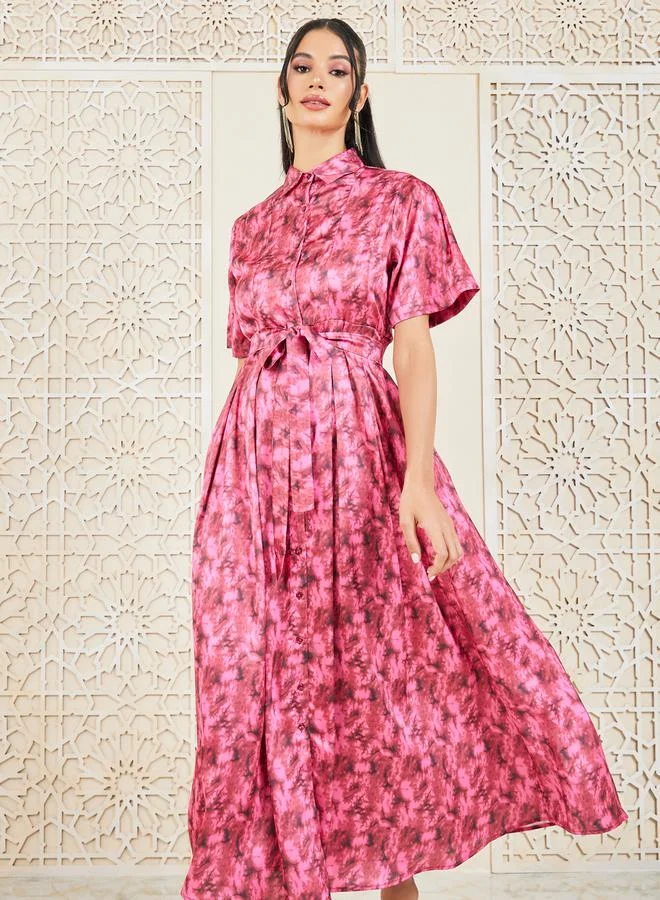 Styli All Over Print Collared Maxi Dress with Self Tie Up