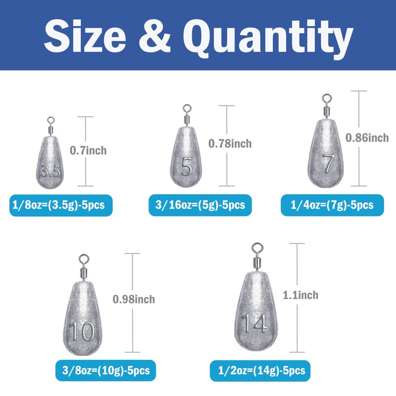 TKHDBF Fishing Weights Sinkers Kit 25pcs Bass Casting Weights Drop Shot Weights with Swivel for Freshwater Saltwater Catfish Weights - Image 4